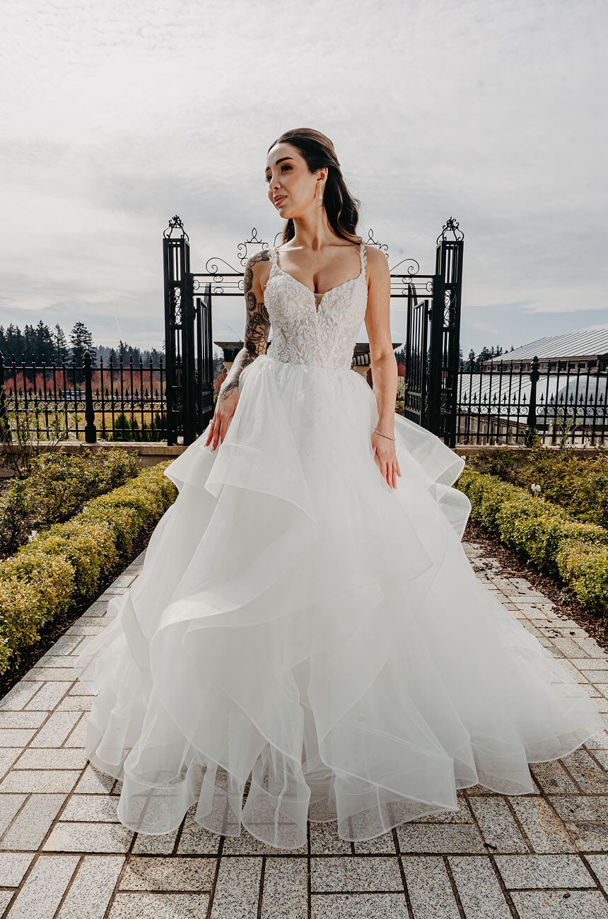 Model wearing a bridal dress on the street