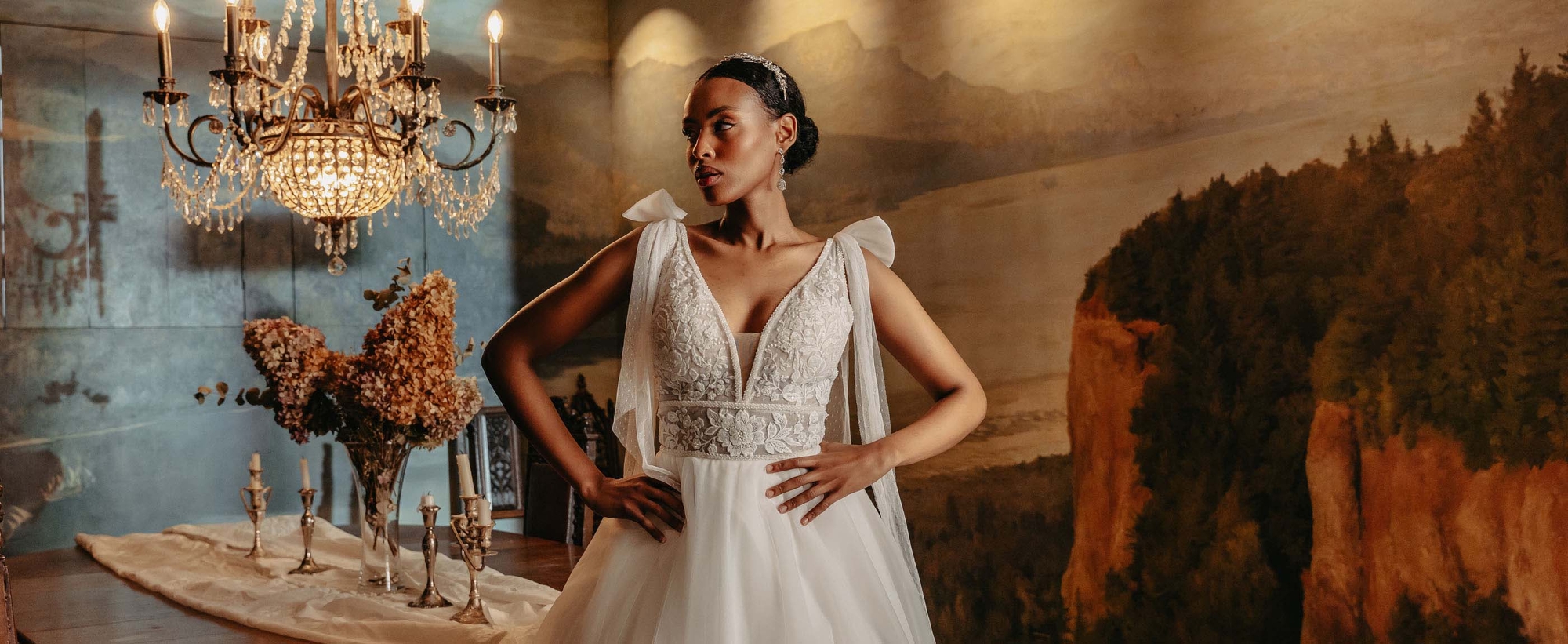 Model wearing a white bridal dress